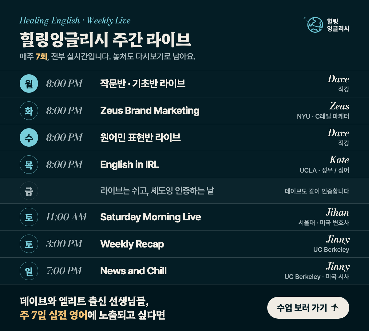 힐링잉글리시 주간 라이브 시간표. 월·수 데이브 직강, 화·목·토·일 선생님 세션 총 7회