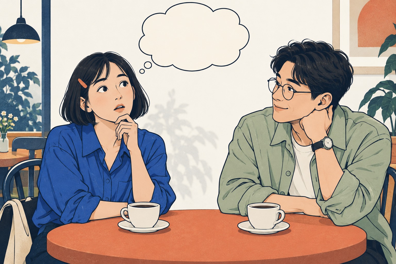 친구의 쉬운 질문에 잠시 머릿속이 하얘진 순간을 그린 일러스트
