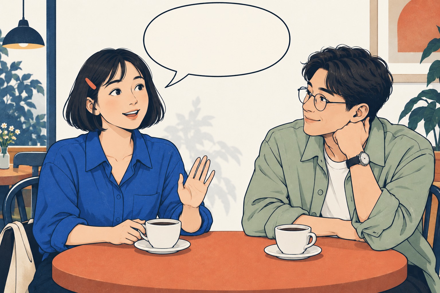 잠시 생각할 시간을 구하며 손을 든 여성과 기다려주는 친구