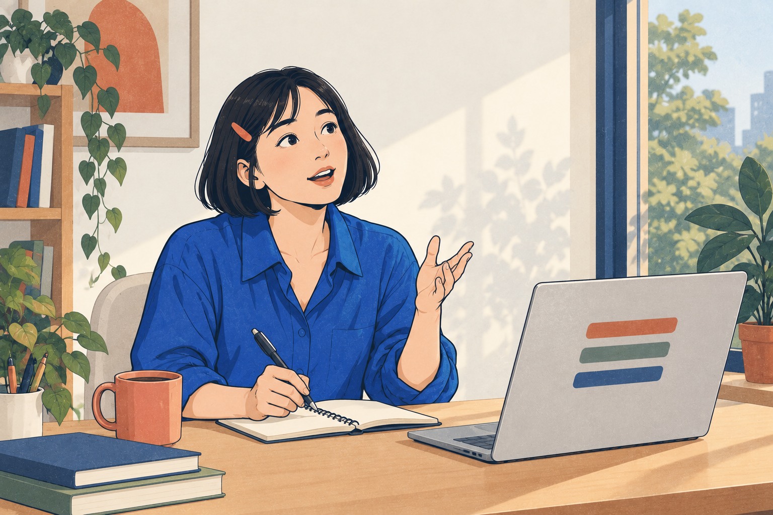 노트에 자기 문장을 적고 소리 내어 연습하는 여성